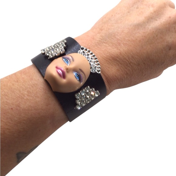 Upcycled Barbie Face Leather Cuff Bracelet Rhinestone Punk Y2K Statement - Picture 7 of 8